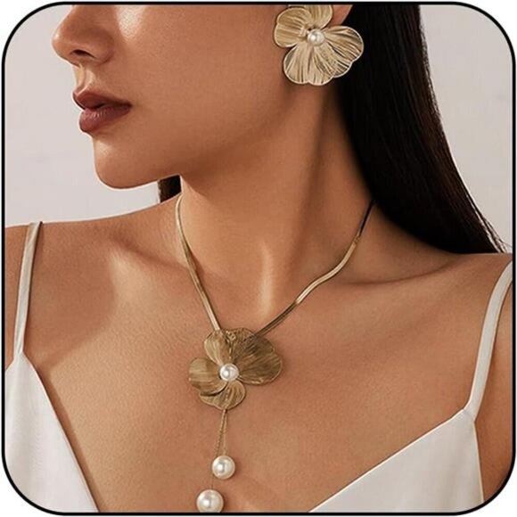Gold Jewelry Sets for Women, Gold Floral Necklace and Earring Set - Picture 1 of 7